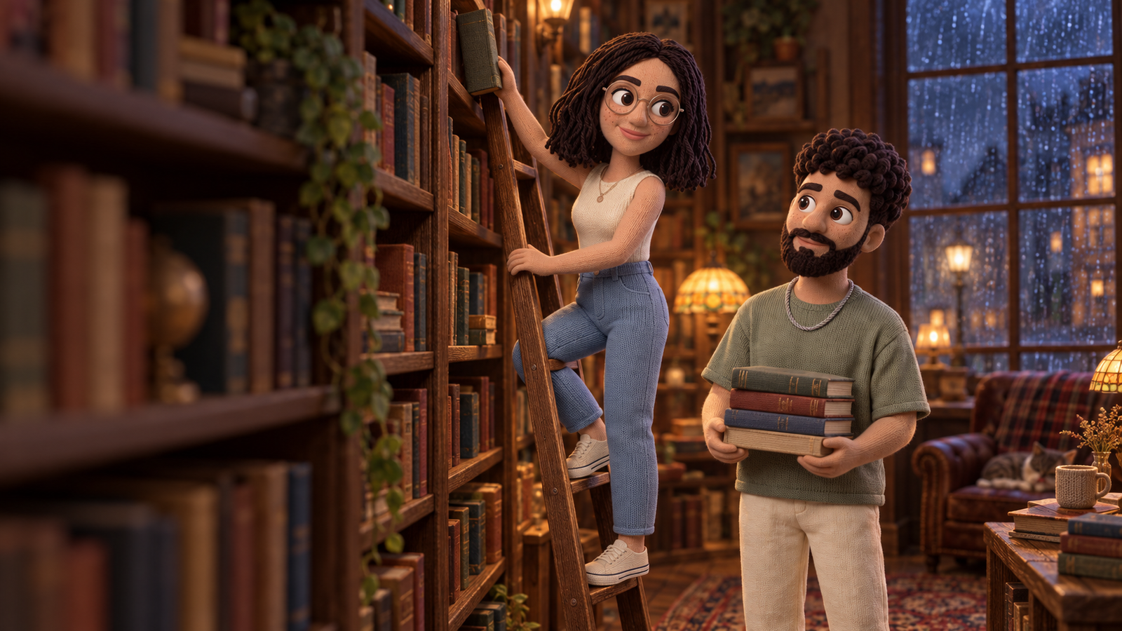 Linda reaches for a book while Alex holds their little stack in a warm, rainy-day bookshop.