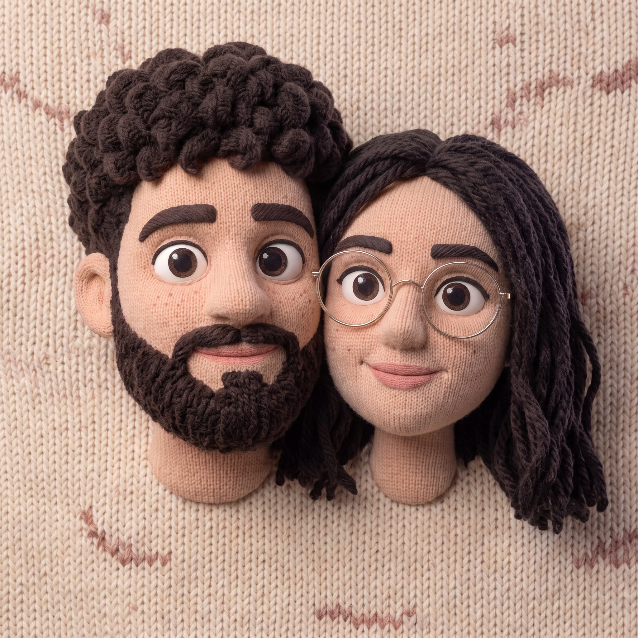 A knitted portrait of Alex, with curly yarn hair and a soft beard.